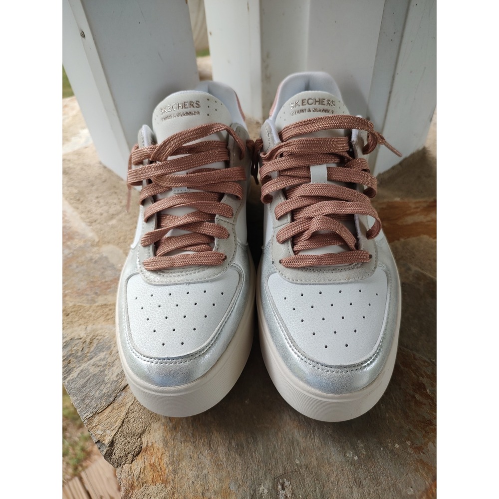 Skechers Court & Classics Women 9.5 White Silver Rose Gold Metallic 185173